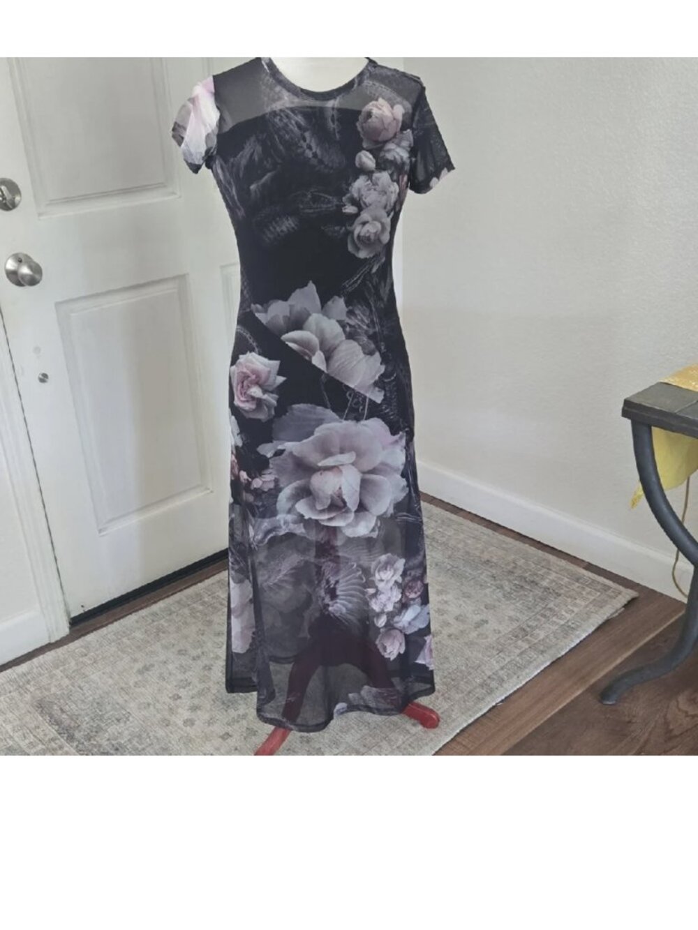 All Saints Black Mesh Maxi Dress with Pale Pink Floral Print size 4